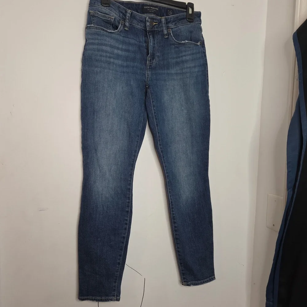 Lucky Brand Skinny Ankle Jeans Medium Wash Blue Denim Size 6/28 Mid Rise Frayed